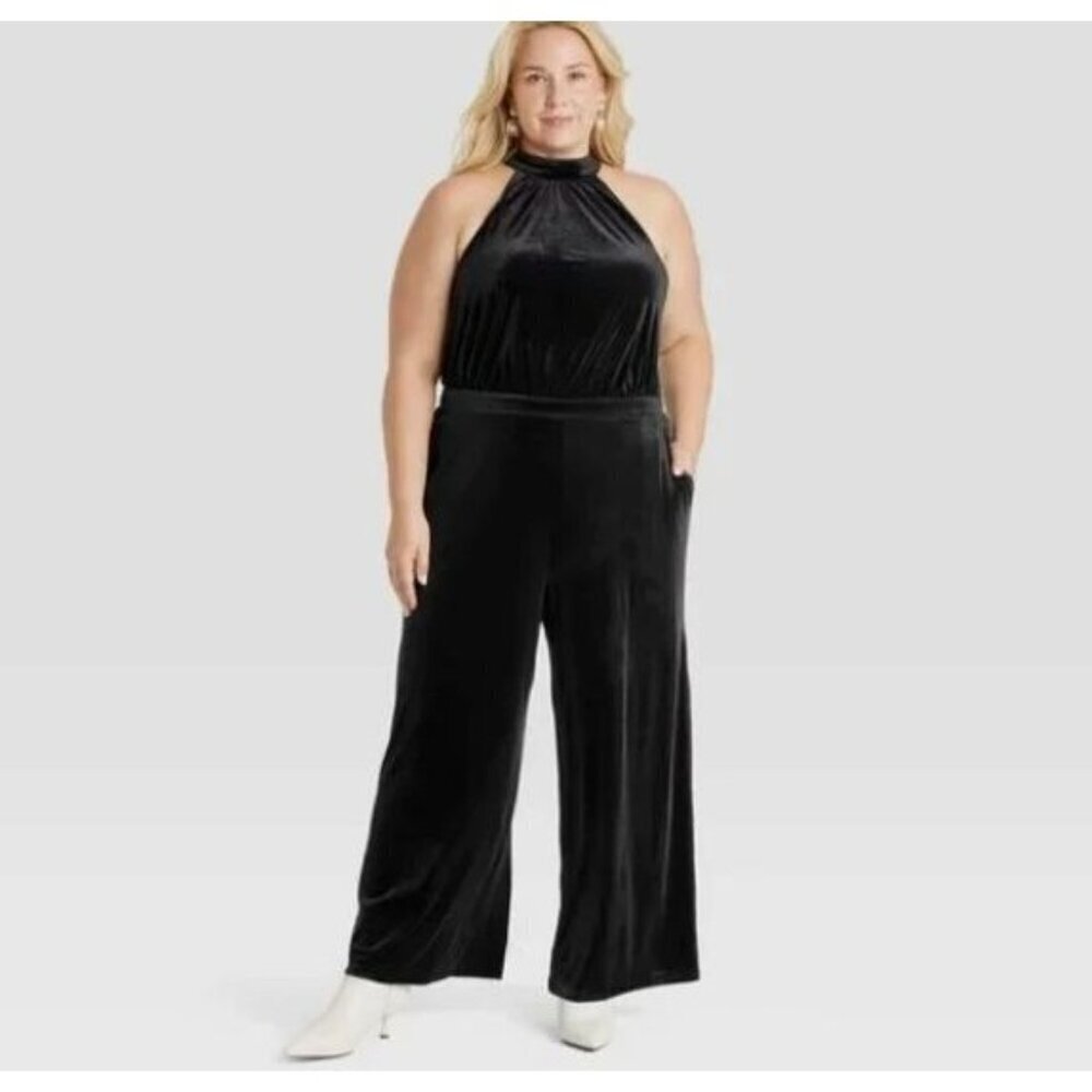 NEW - A New Day Size XL Black Velvet Jumpsuit Halter High neck Wide Leg 1669